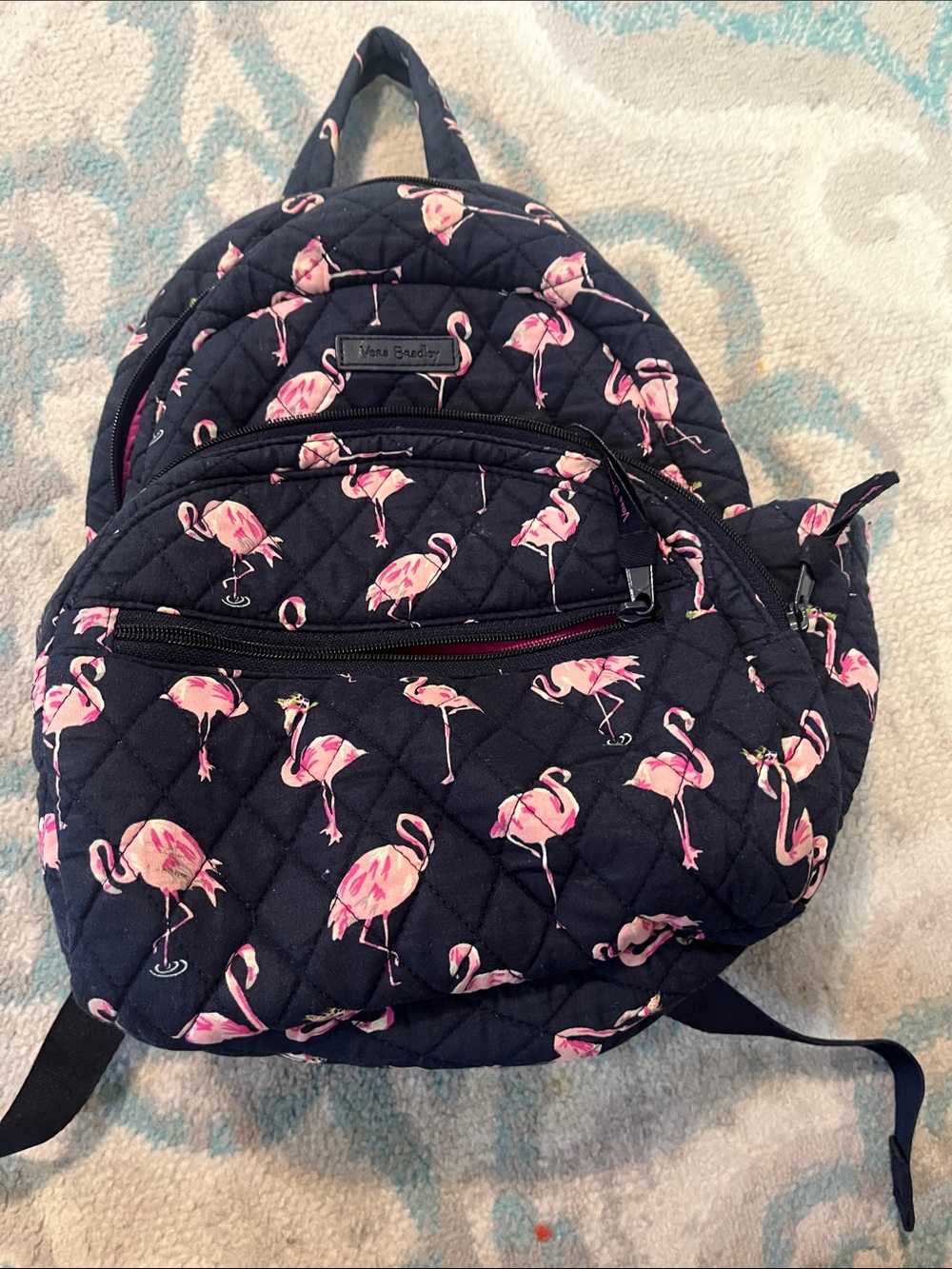 Vera Bradley Navy Quilted mini Backpack with Pink Flamingo Pattern - Picture 1 of 5